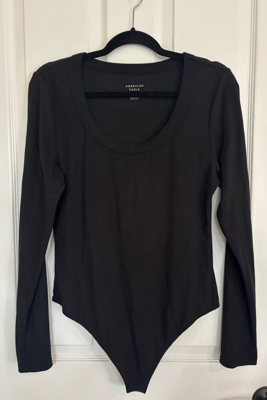American Eagle Ribbed Long Sleeve Black Scoop Neck Body Suit Shirt XL